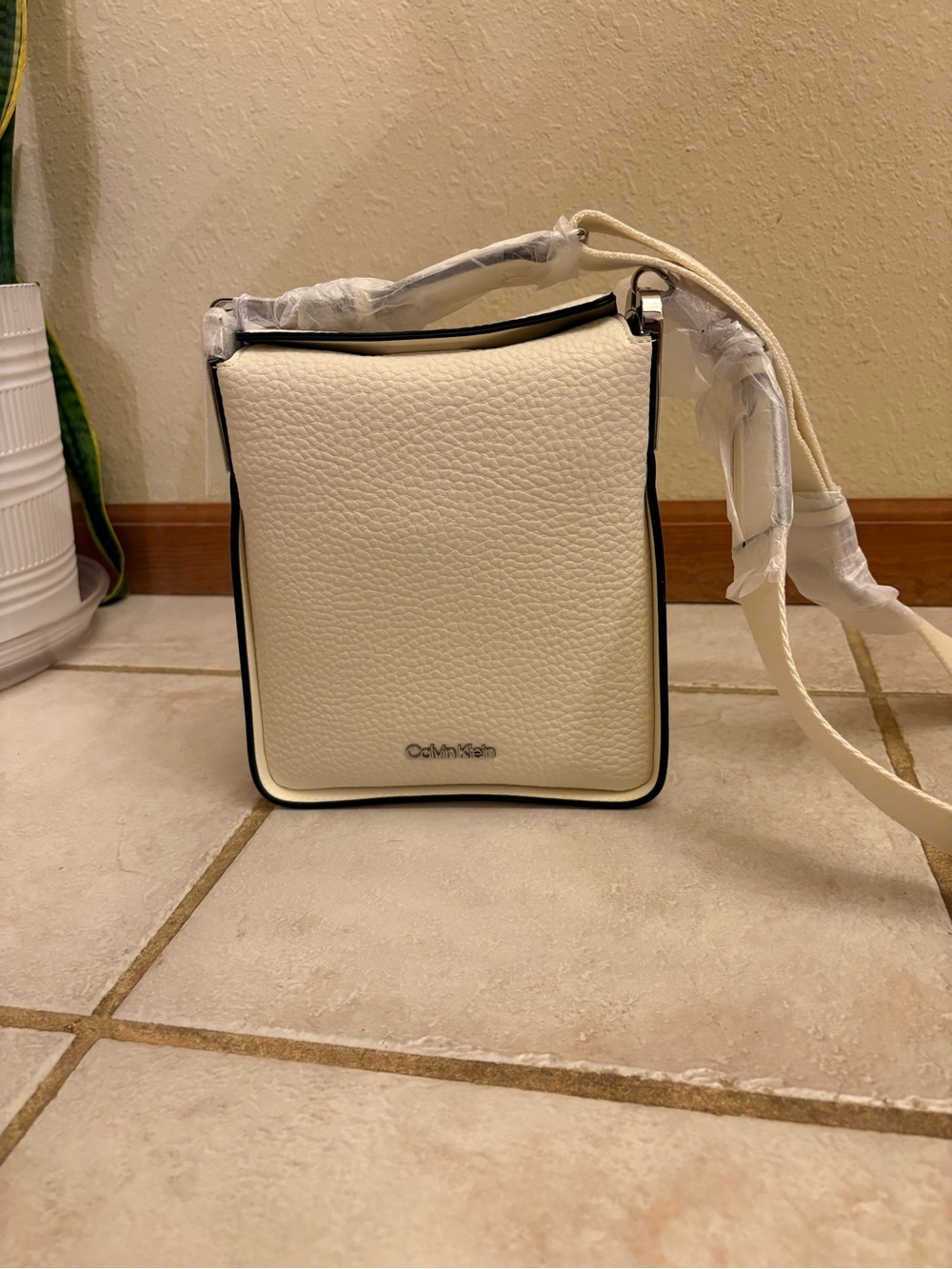 Calvin Klein Ivory Pebbled Leather Crossbody with Silver Hardware- New with Tags